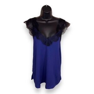 LARGE HIPPIE CHIC BLUE BLACK LACE SLEEVELESS TOP GLAM SATIN